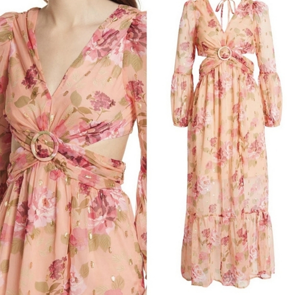RAHI Metallic Floral Print Long Sleeve Maxi Dress - Romantic Summer Flower
